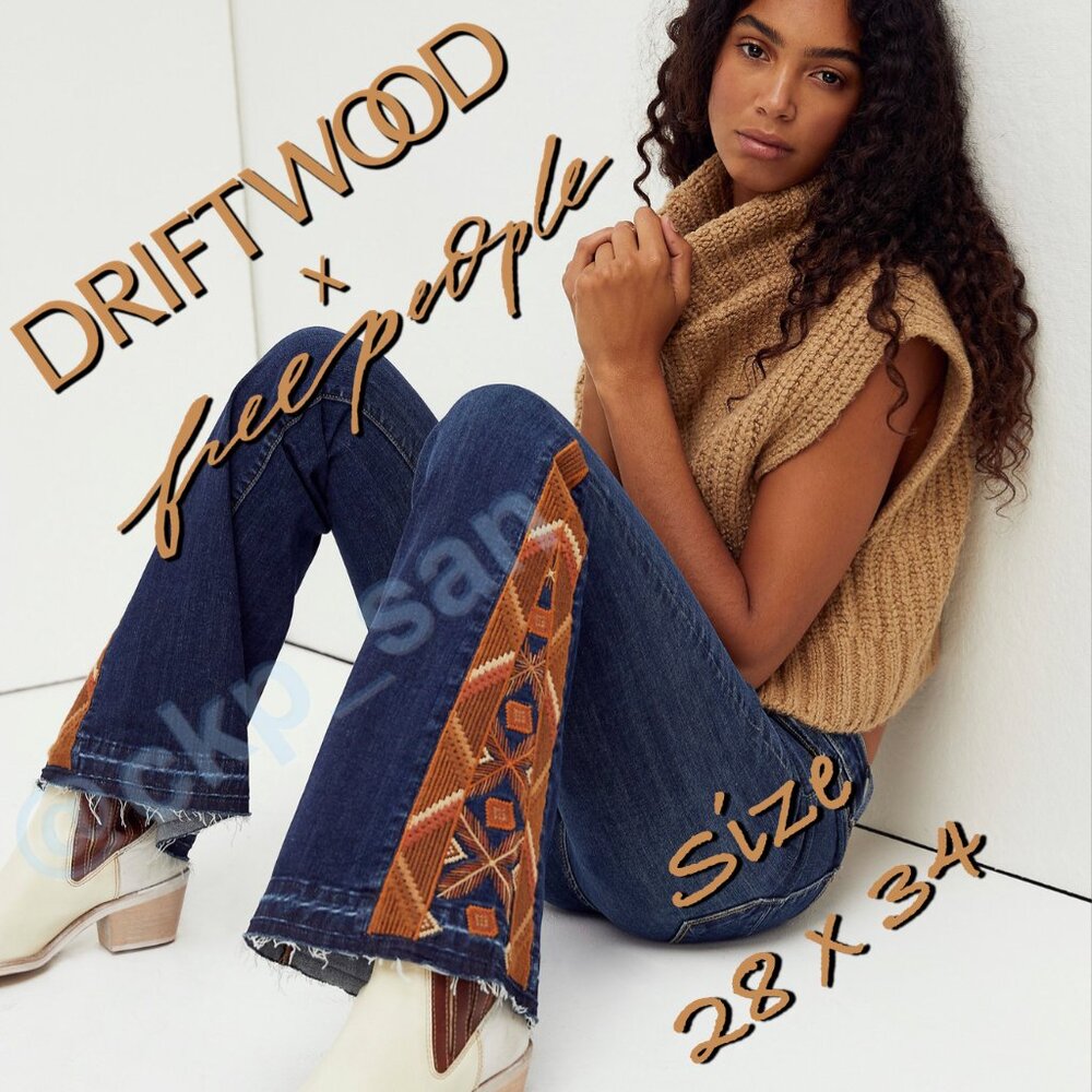 Free People x Driftwood Farrah Embroidered Flare Jeans Sz 28